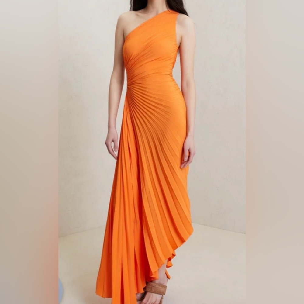 Alc Ltd 'Delfina' Orange Sleeveless One Shoulder Pleated Dress - Picture 1 of 6